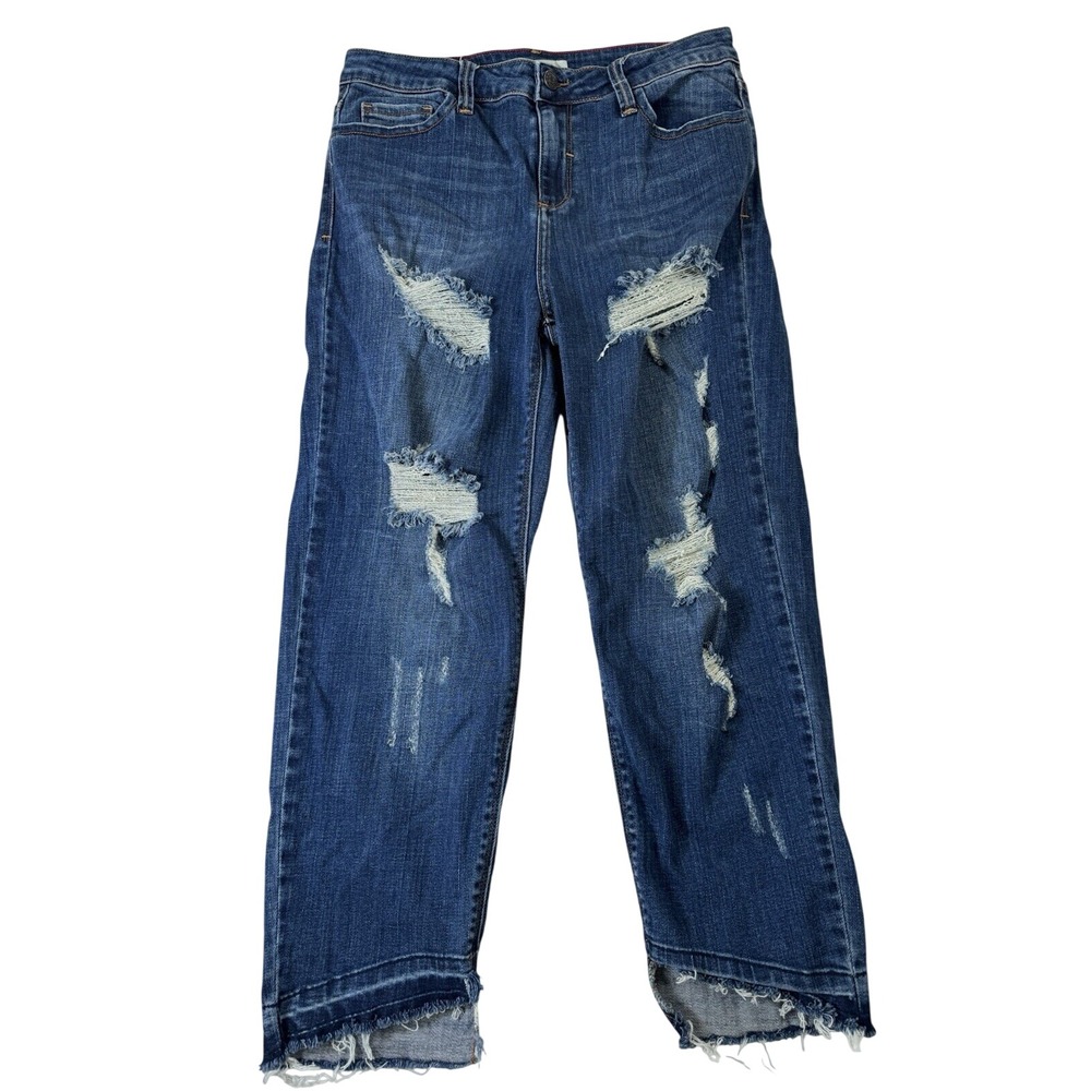 Cello Distressed High Rise Straight Leg Jeans Medium Wash Frayed Hem Size 11